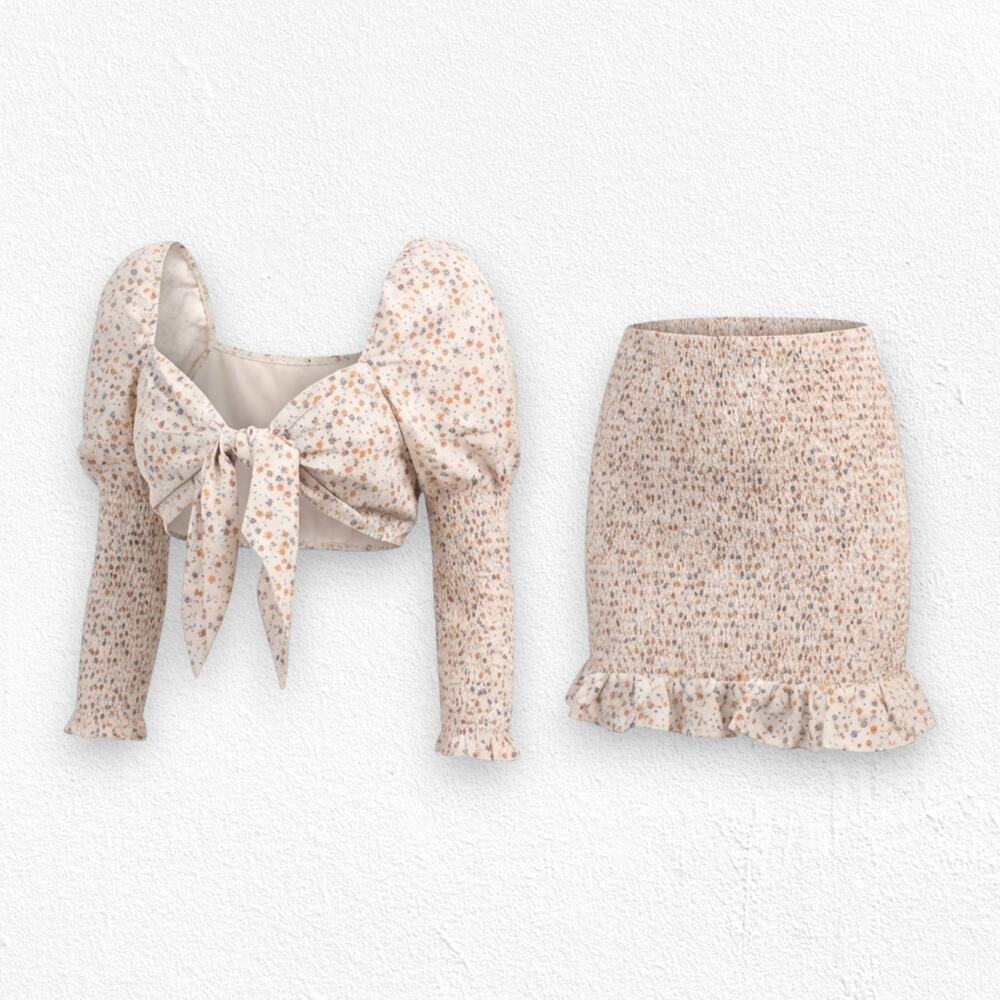 Love Tree Tan Beige Floral Cottagecore Smocked Crop Top Skirt Set Size Medium